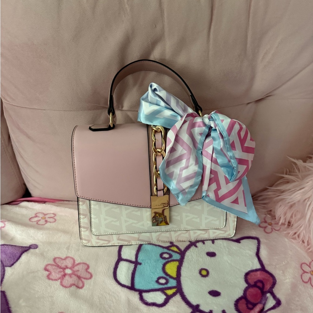 Elegant Pink and White Satchel with Scarf Detail